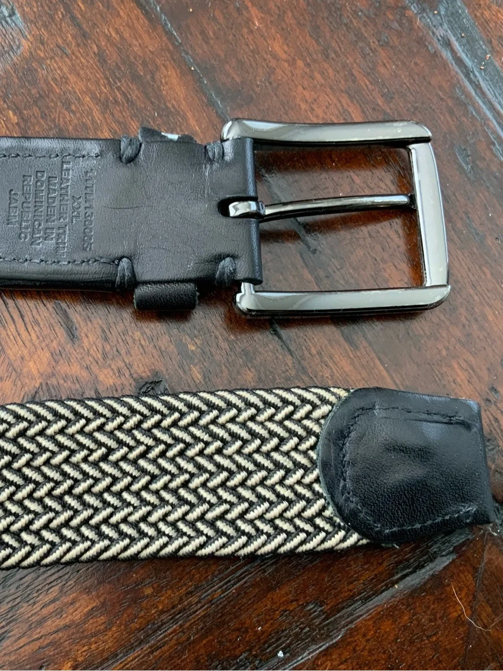 Tommy Bahama Black and Cream Woven Stretch Belt with Silver Buckle